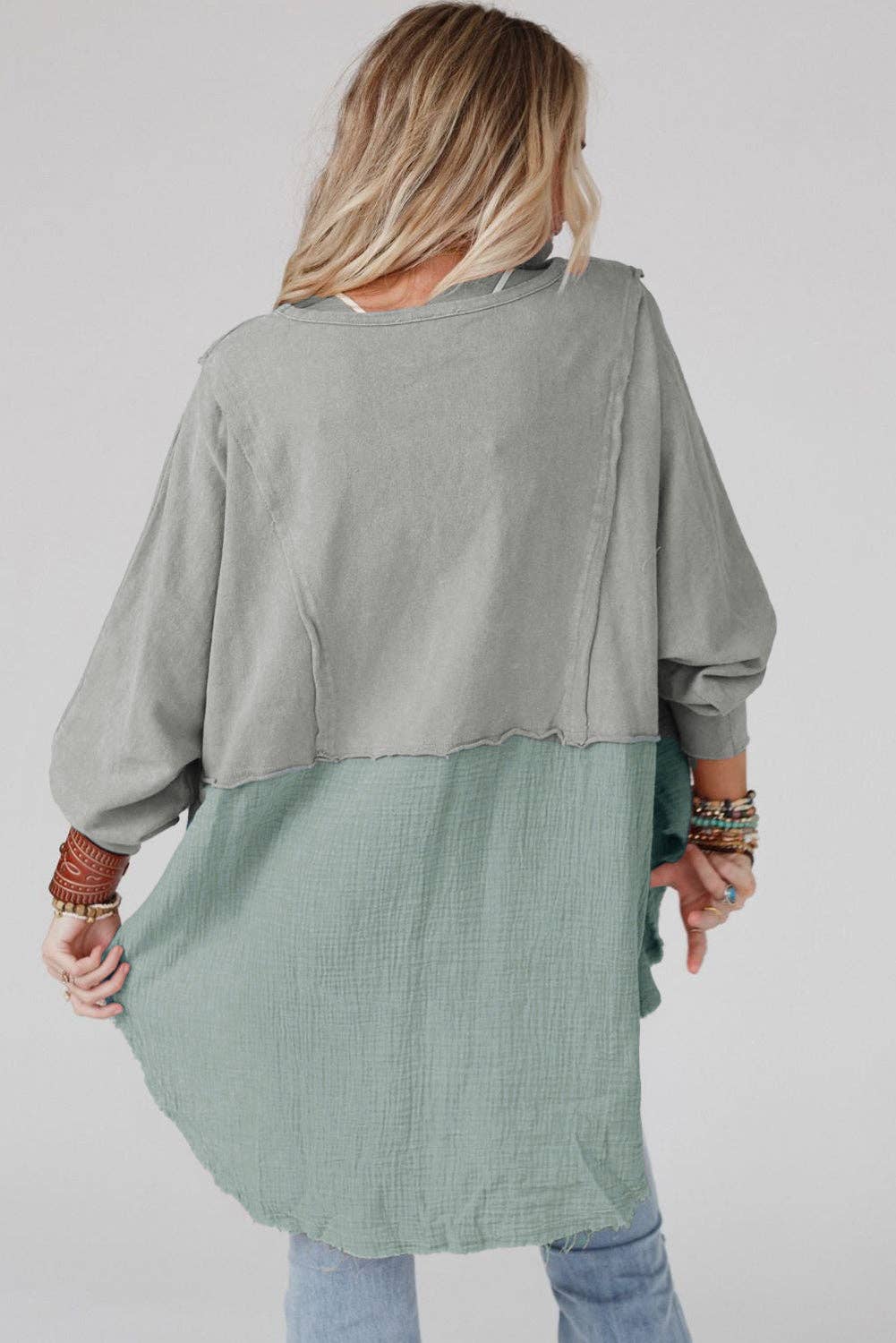 Grey Raw Hem High Low Oversized Blouse