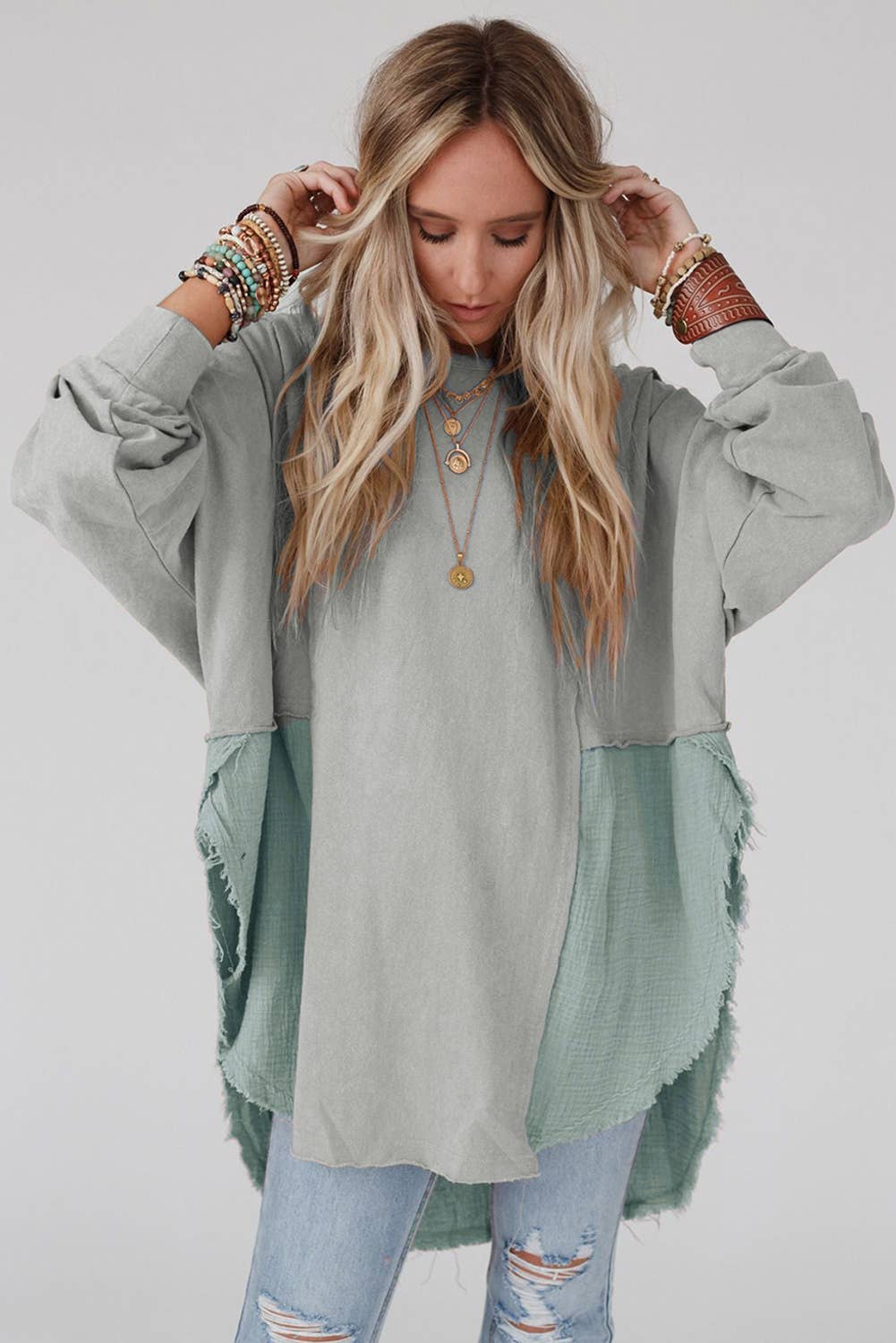 Grey Raw Hem High Low Oversized Blouse