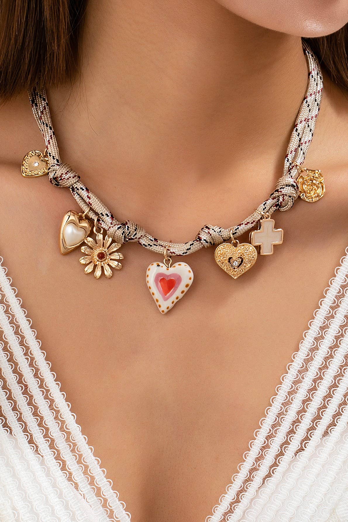 Ivory & Red cord Multi-Charm Boho Necklace | 80N92742: GOLD