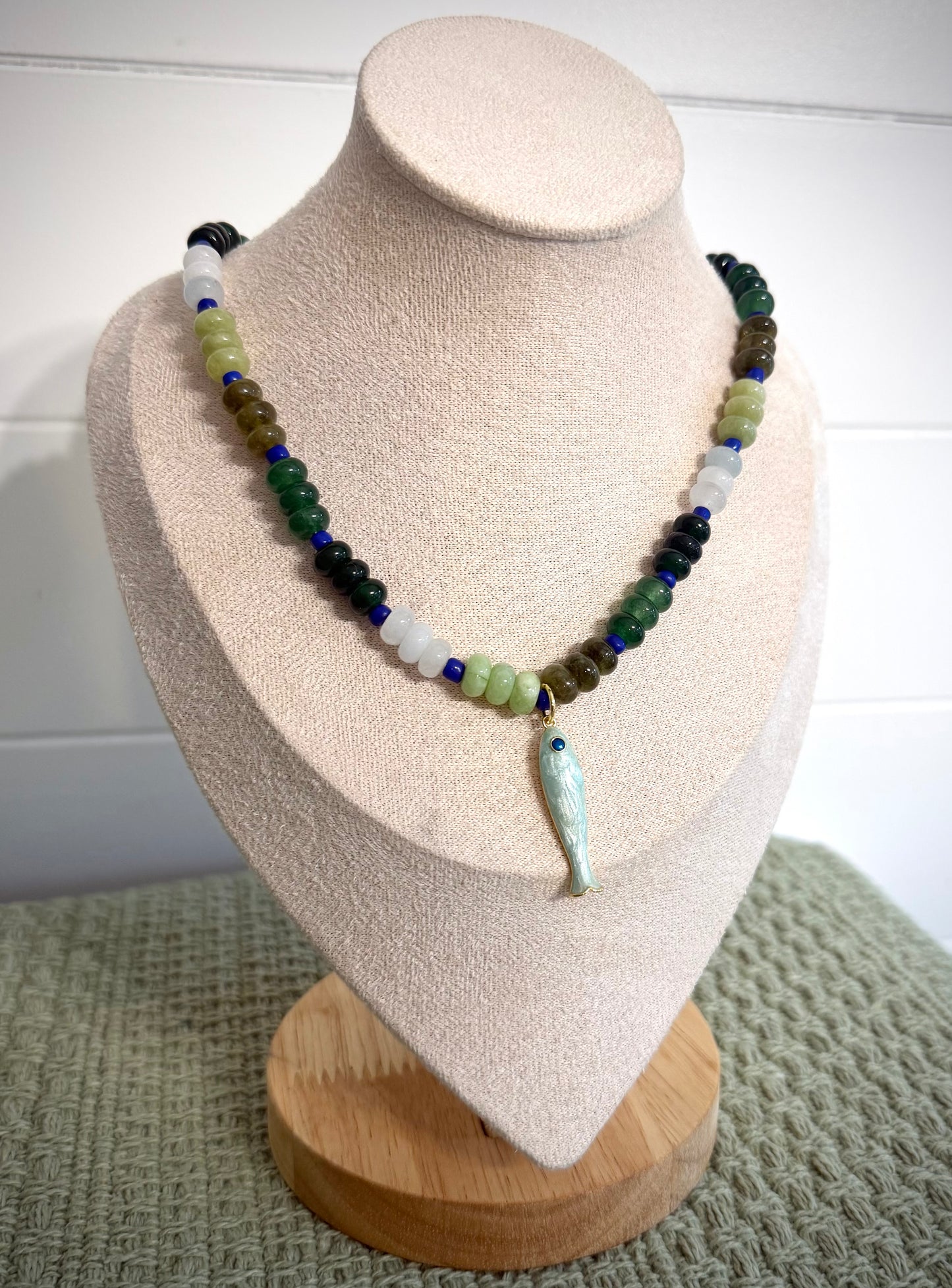 Green Lagoon + Fish / Beaded Necklace