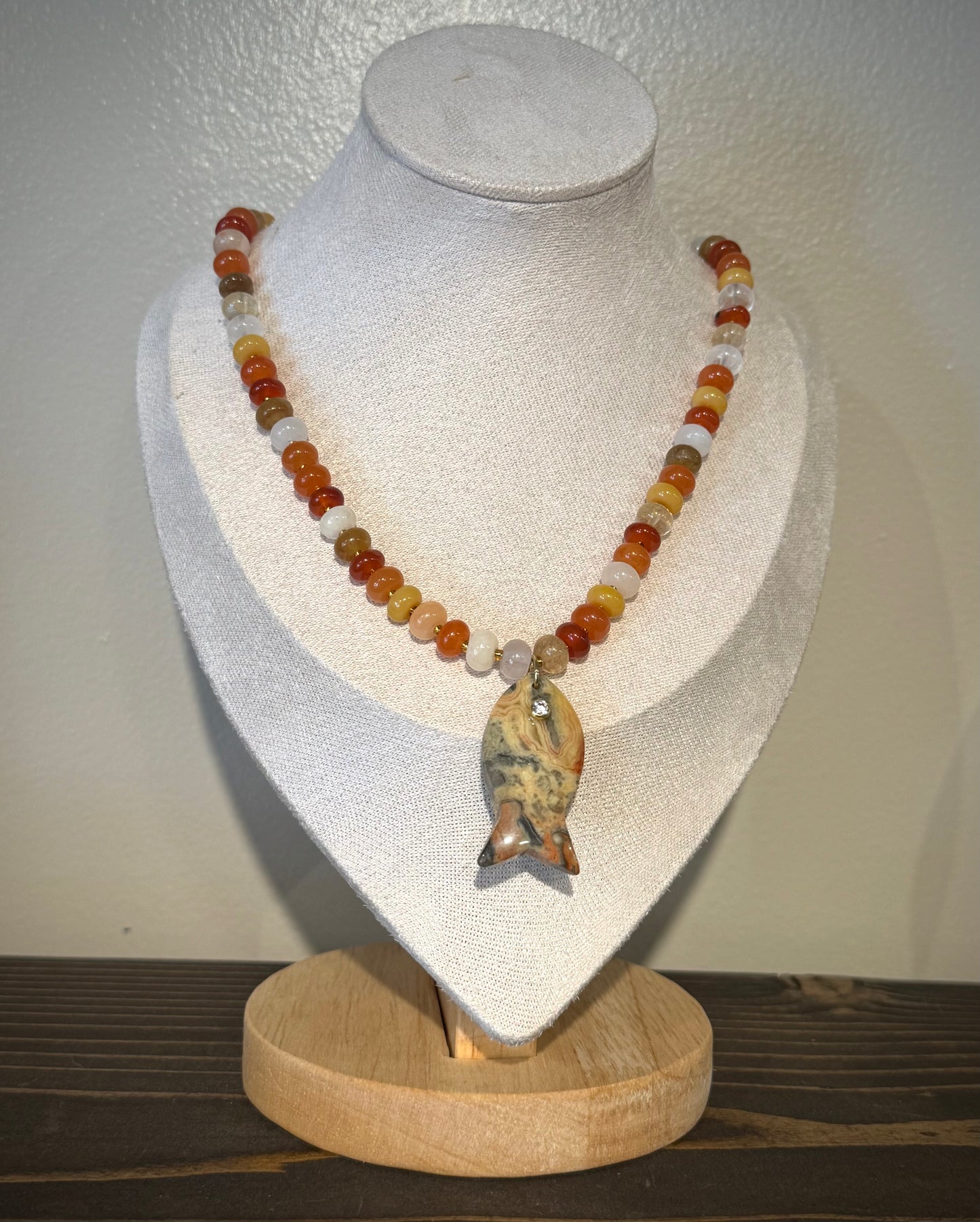 Sunset Tide + Crazy Lace Agate Fish / Beaded Necklace