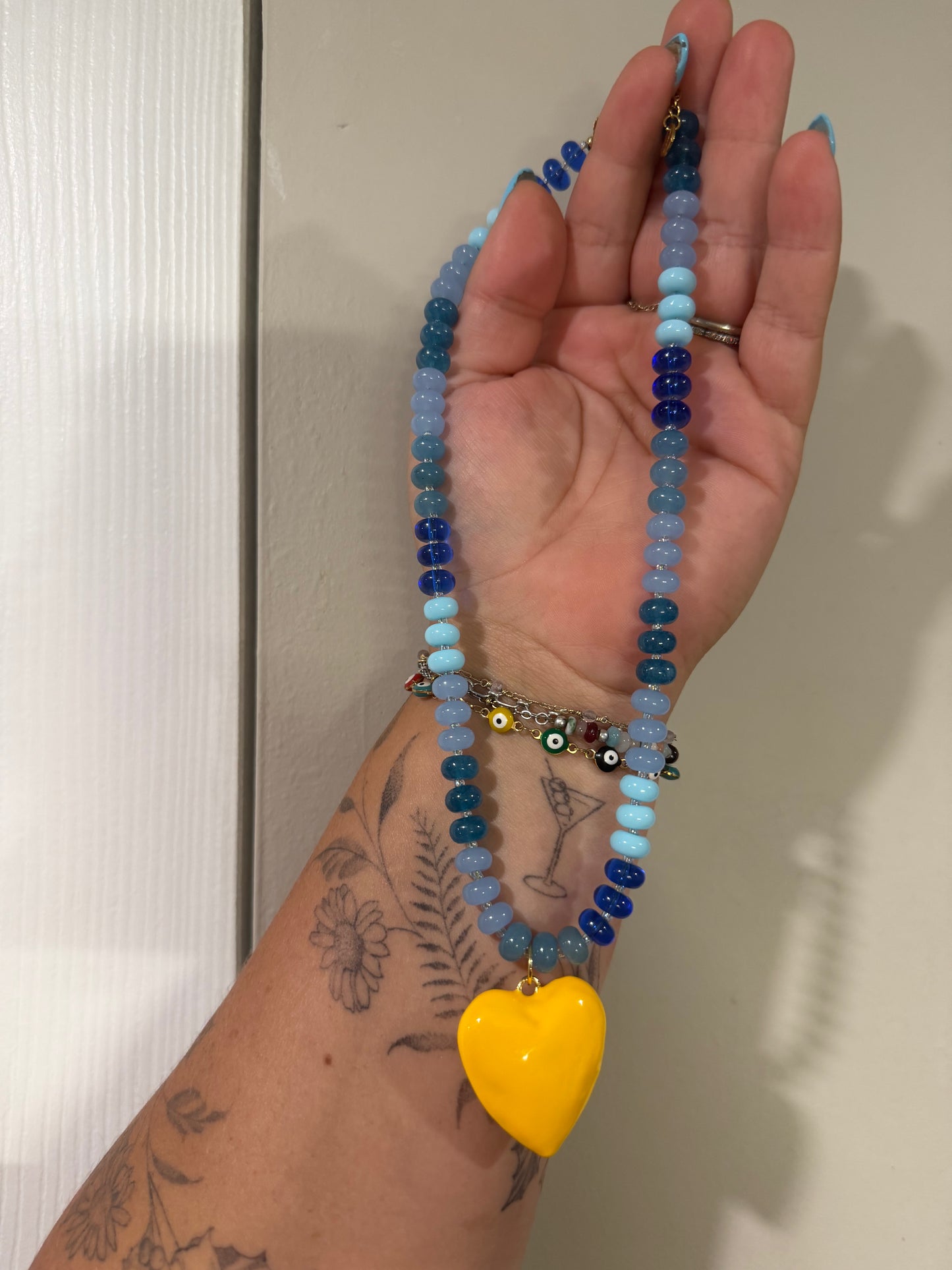 Blue Capri + Yellow Heart / Beaded Necklace