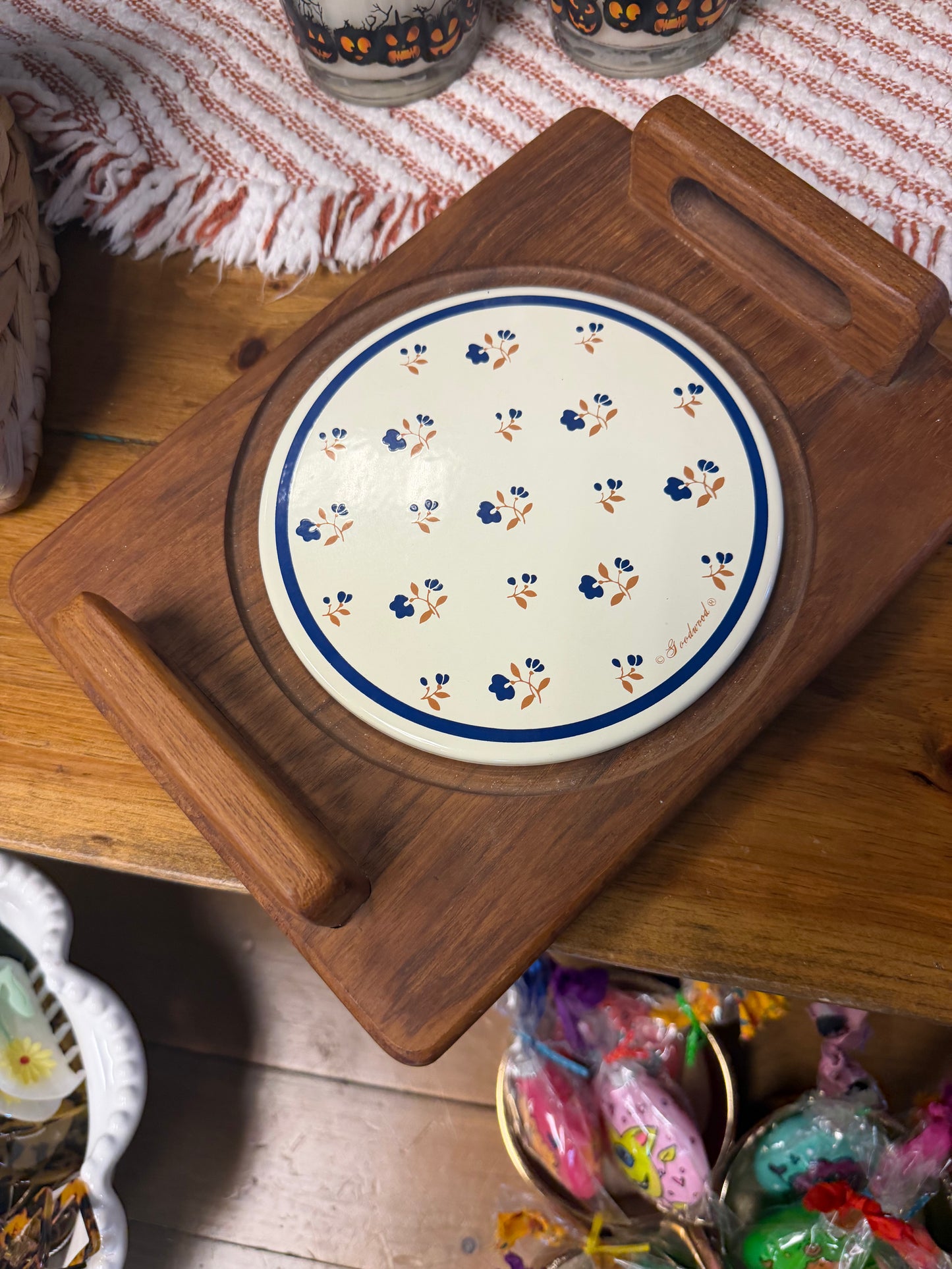 Vintage Goodwood Teak Floral Cutting Board Cheese Serving Tray