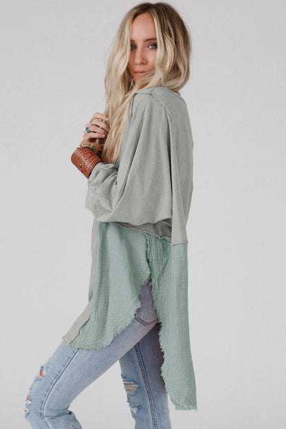 Grey Raw Hem High Low Oversized Blouse