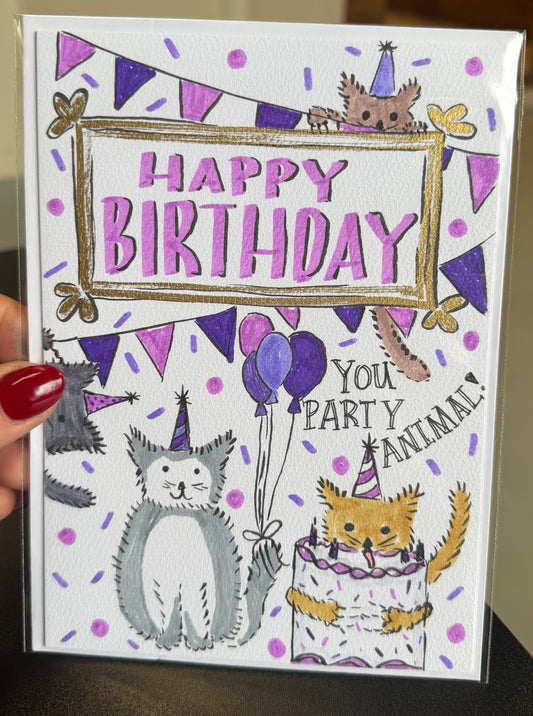 Cat Birthday / Hand Drawn Greeting Card