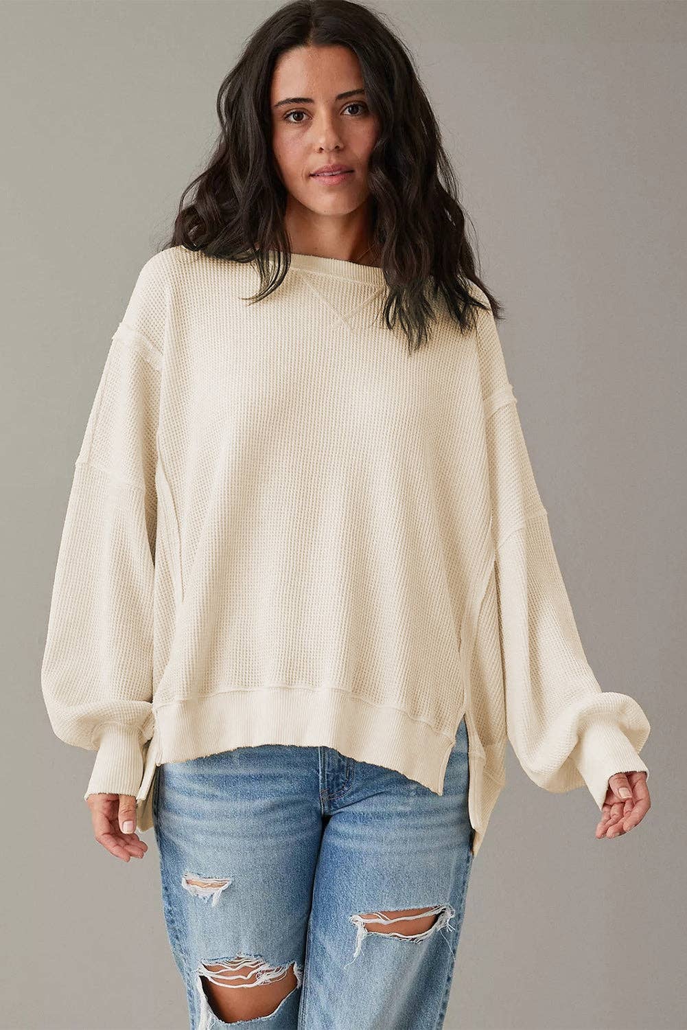 Waffle Knit Sleeve Split Oversized Sweatshirt / White