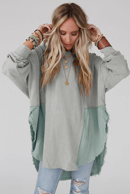 Grey Raw Hem High Low Oversized Blouse