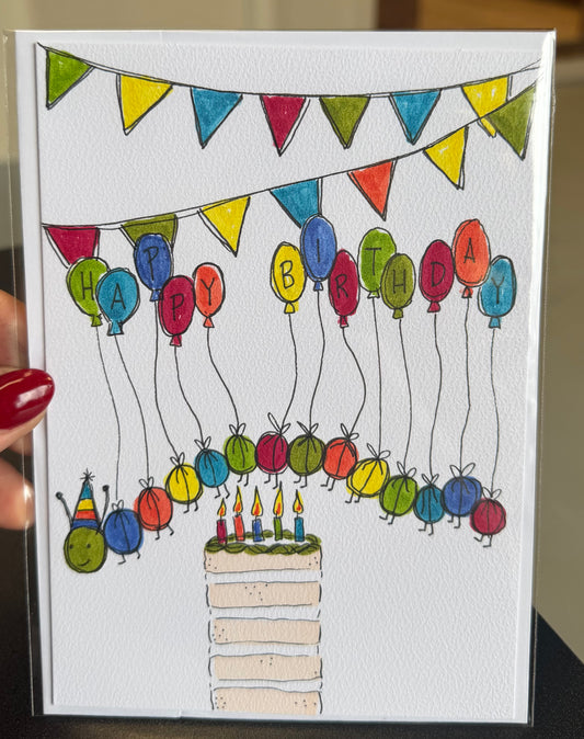 Caterpillar Birthday / Hand Drawn Greeting Card