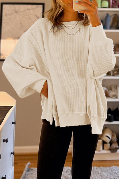 Waffle Knit Sleeve Split Oversized Sweatshirt / White