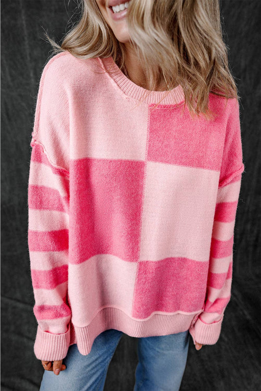 Pink Checkered Colorblock Striped High Low Loose Sweater/ Pink