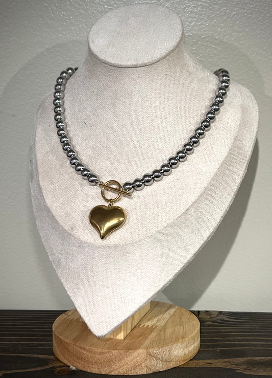 Two Tone Beaded + Heart Necklace