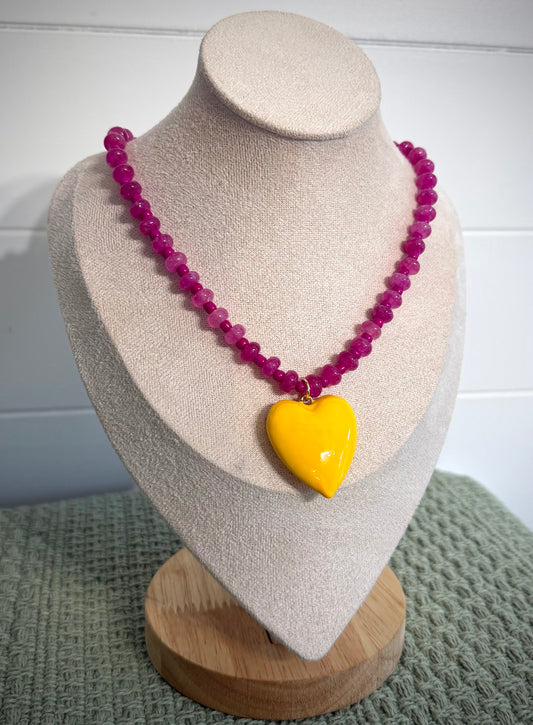 Pink Hibiscus + Yellow Heart / Beaded Heart