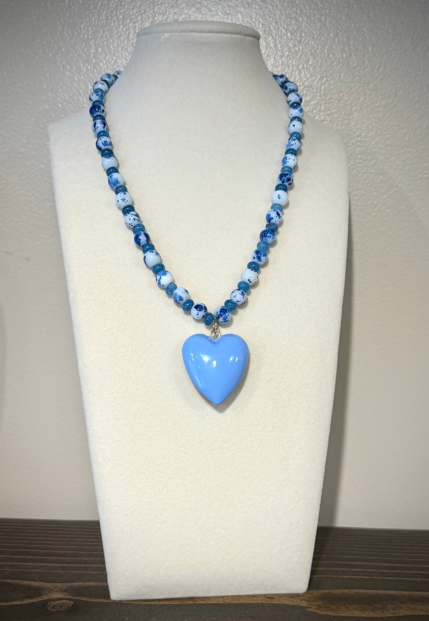 Ocean Mist + Blue Heart / Beaded Necklace