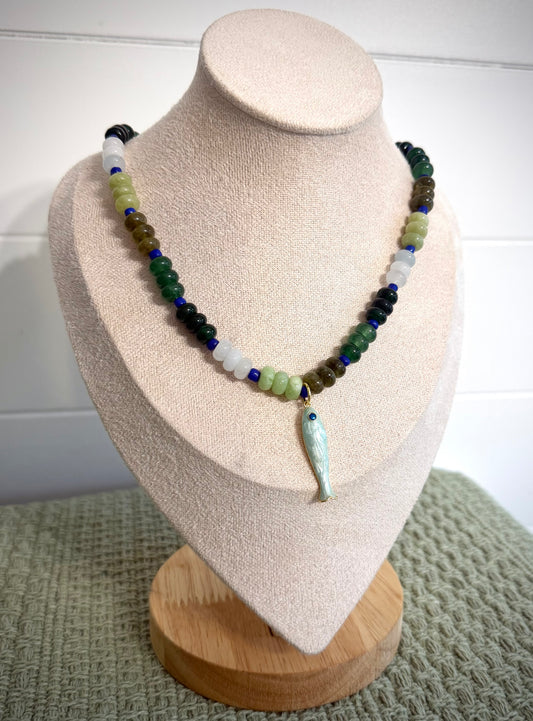 Green Lagoon + Fish / Beaded Necklace