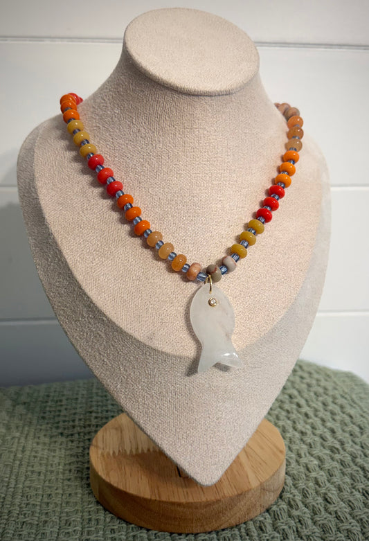 Amber Coast + Quartz Fish / Beaded Necklace