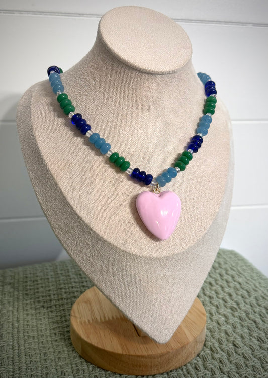 Teal Waters + Pink Heart / Beaded Necklace