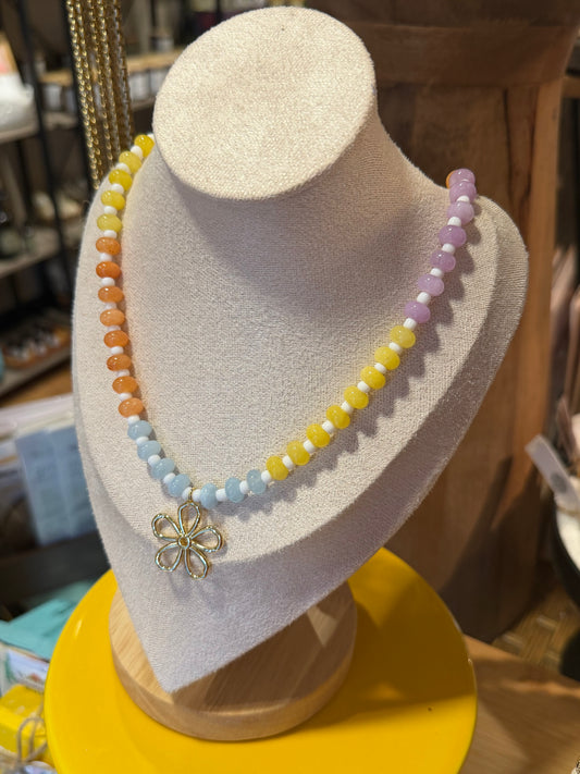 Pretty Pastels + Flower / Beaded Necklace