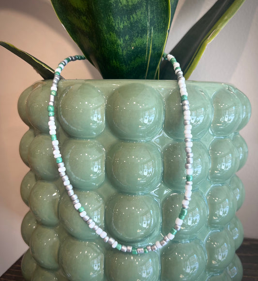 Mini Beaded Necklace / Sea Glass, White & Silver