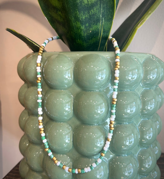 Mini Beaded Necklace / Sea Glass, White & Gold