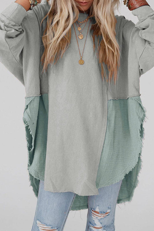 Grey Raw Hem High Low Oversized Blouse