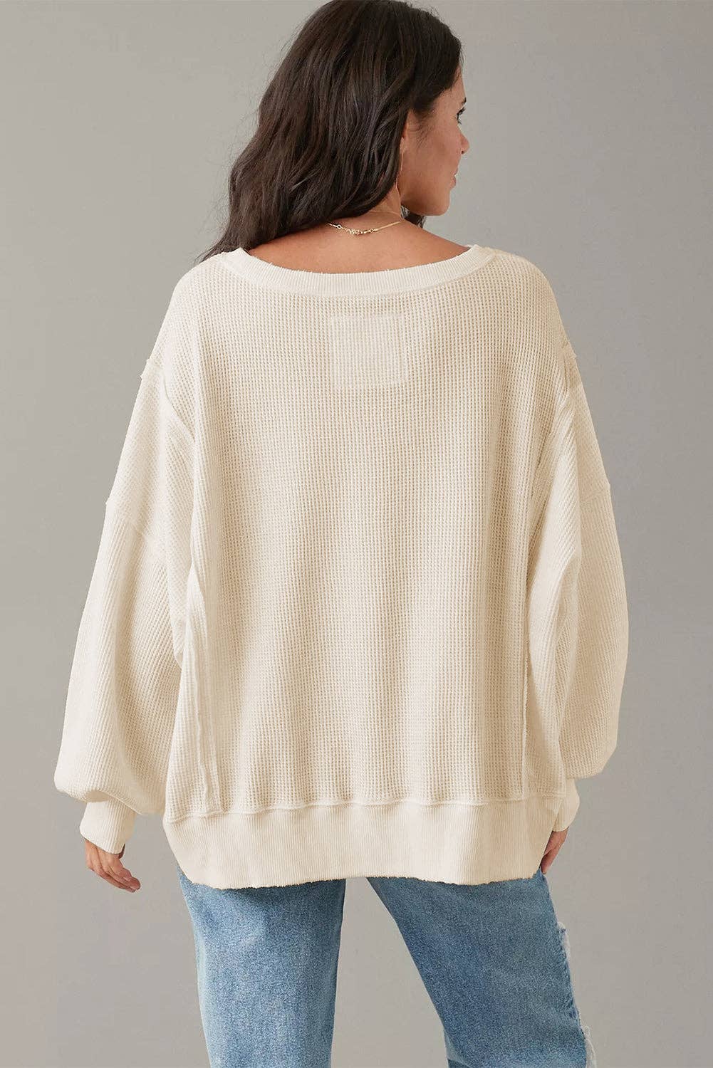 Waffle Knit Sleeve Split Oversized Sweatshirt / White