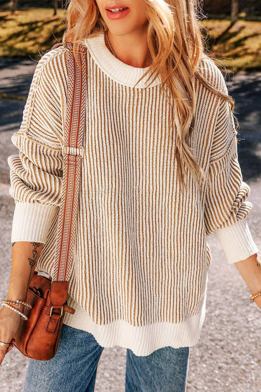 Chestnut Striped Textured Knit Contrast Edge Loose Sweater/ Chestnut