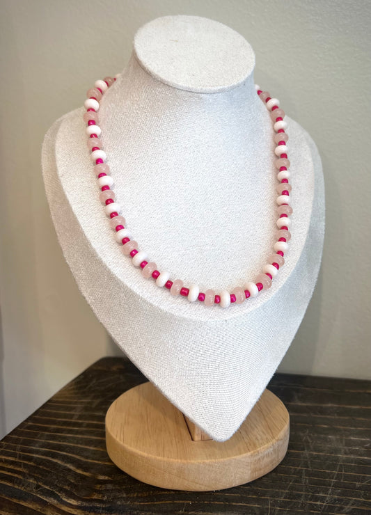 Beaded Necklace / pale pink & fuchsia