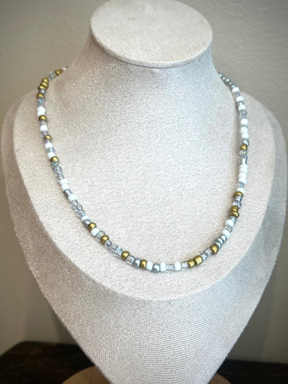 Mini Beaded Necklace / white, gold, silver & iridescent