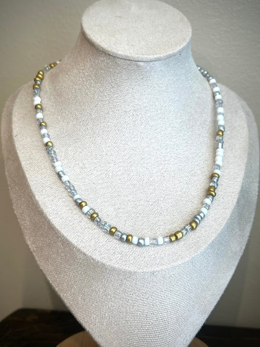 Mini Beaded Necklace / white, gold, silver & iridescent