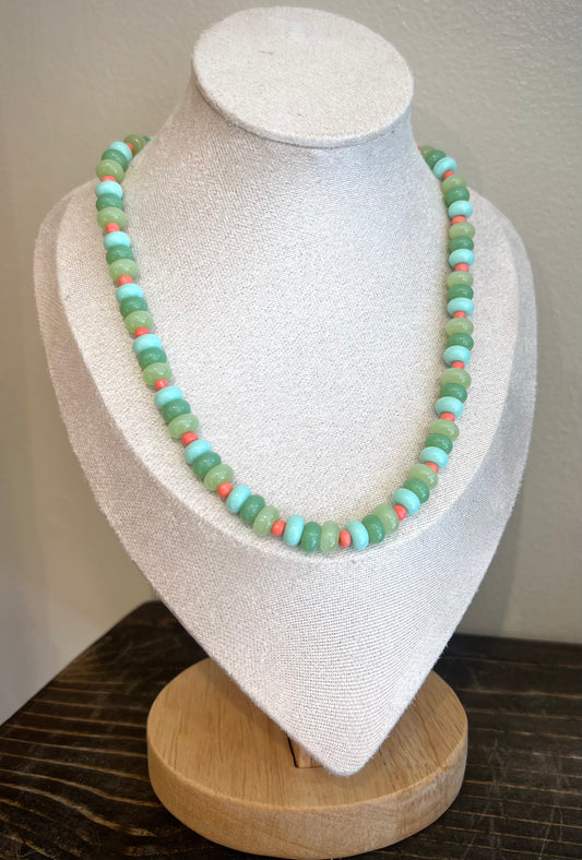 Beaded Necklace / sea glass + coral